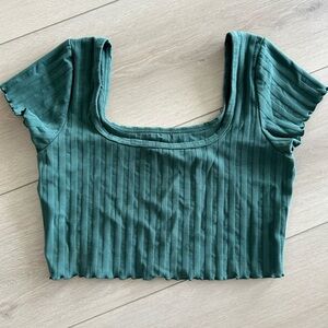 Offline by Aerie Womens Green Striped Round Short Sleeve Crop Shirt top large